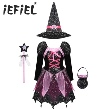Girls Sparkly Witch Costume with Hat Wand 1 | PricZone Girls Sparkly Witch Costume with Hat Wand | PricZone
