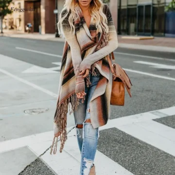 Striped Tassel Poncho Cardigan   Winter Knit 2 | PricZone