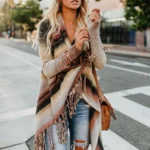 Striped Tassel Poncho Cardigan   Winter Knit | PricZone
