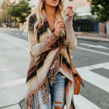 Striped Tassel Poncho Cardigan   Winter Knit | PricZone