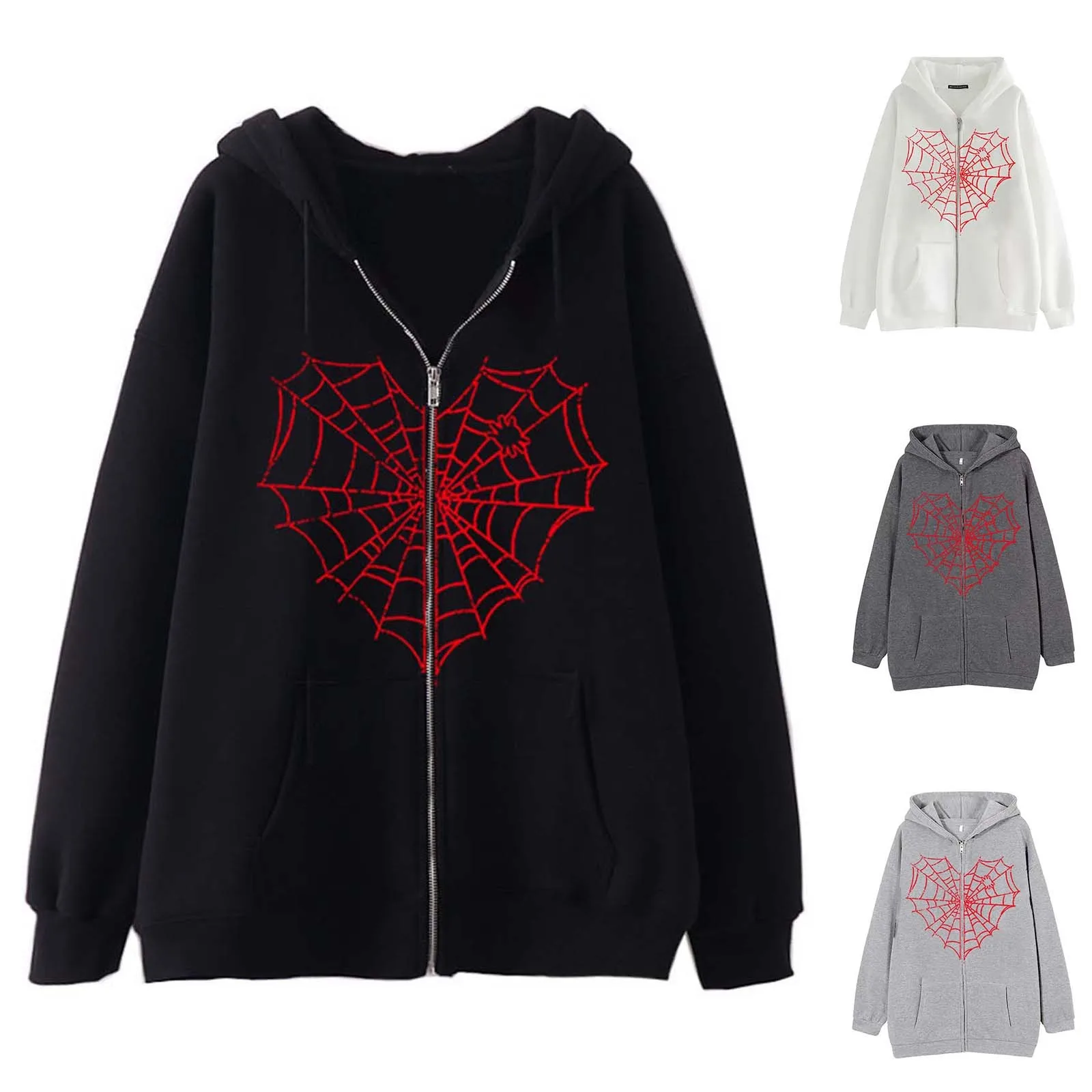 Red Cobweb Zip Hoodie Y2K Casual Autumn Jacket