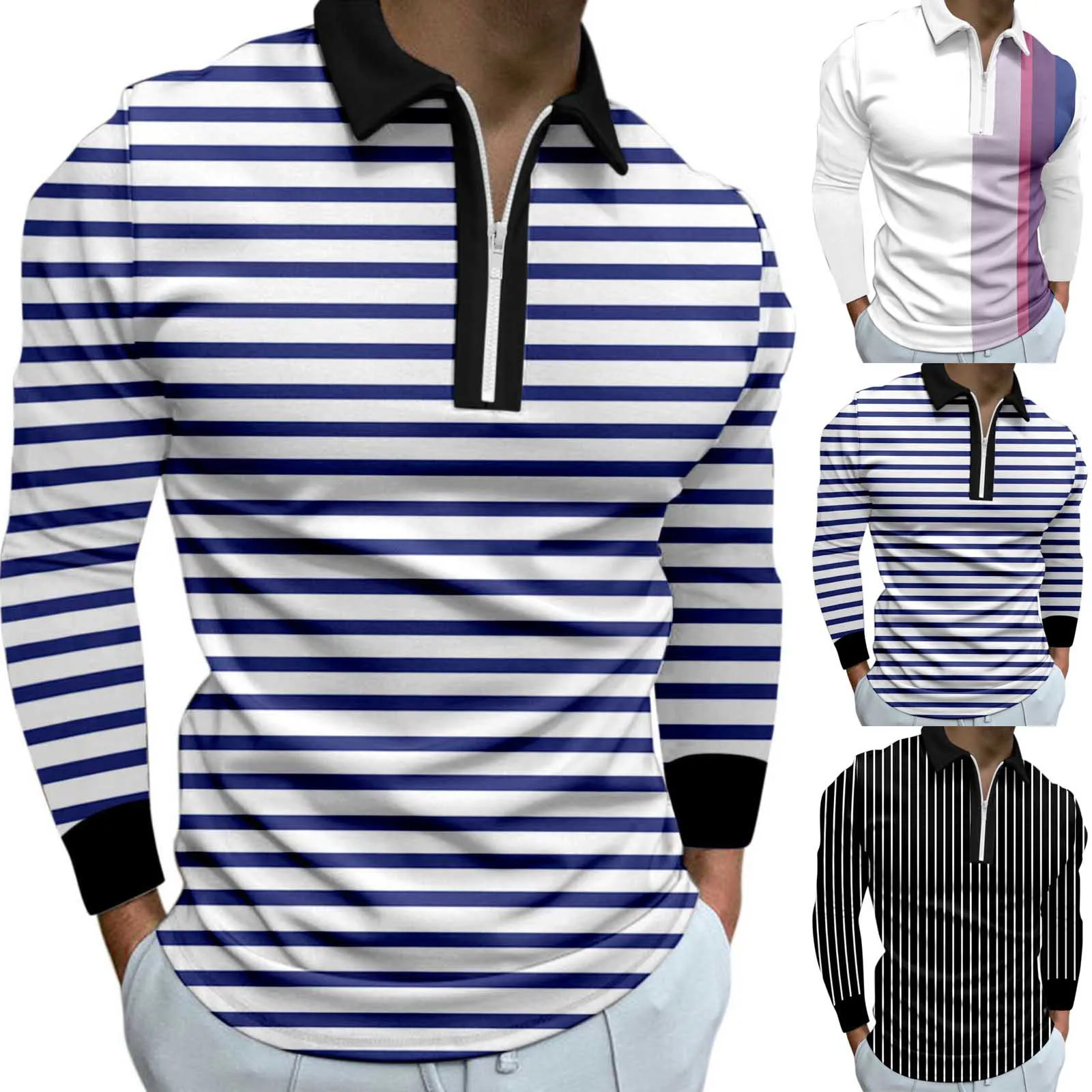 Zippered Polo Casual Striped Autumn Wear