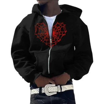 Red Cobweb Zip Hoodie Y2K Casual Autumn Jacket | PricZone