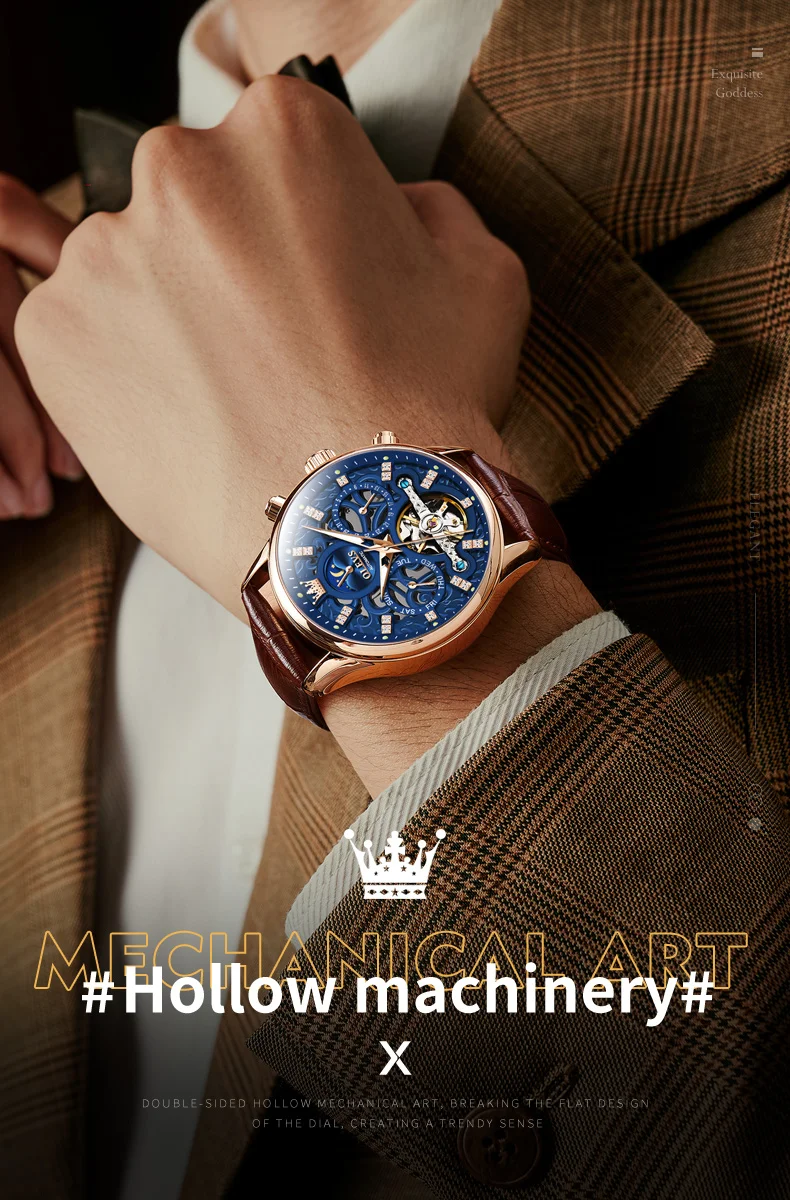 OLEVS Auto Skeleton Watch Waterproof & Leather Strap