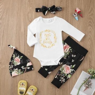 Newborn Girl 4 Piece Outfit Set Romper Pants Cap Headban 1 | PricZone
