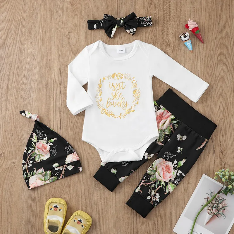 Newborn Girl 4Piece Outfit Set Romper Pants Cap Headban 1 | PricZone Newborn Girl 4 Piece Outfit Set Romper Pants Cap Headban 1 | PricZone