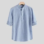 Mens Casual Stand Collar Long Sleeve Linen Shirt 3 | PricZone