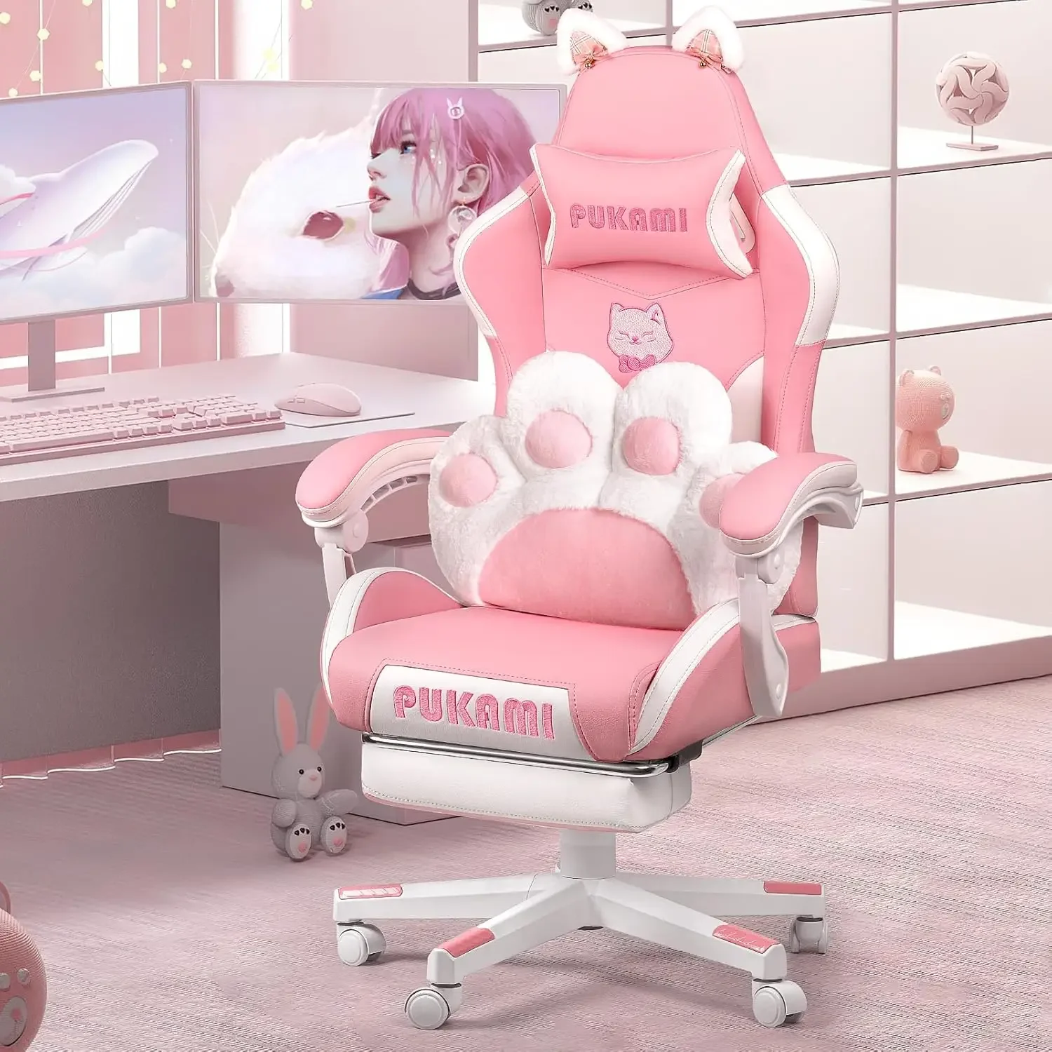 Kawaii Gaming Chair with Cat Ears Paw Cushion | PricZone Kawaii gaming chairs with cat ears paw cushion office chair and desk chairs setup | PricZone