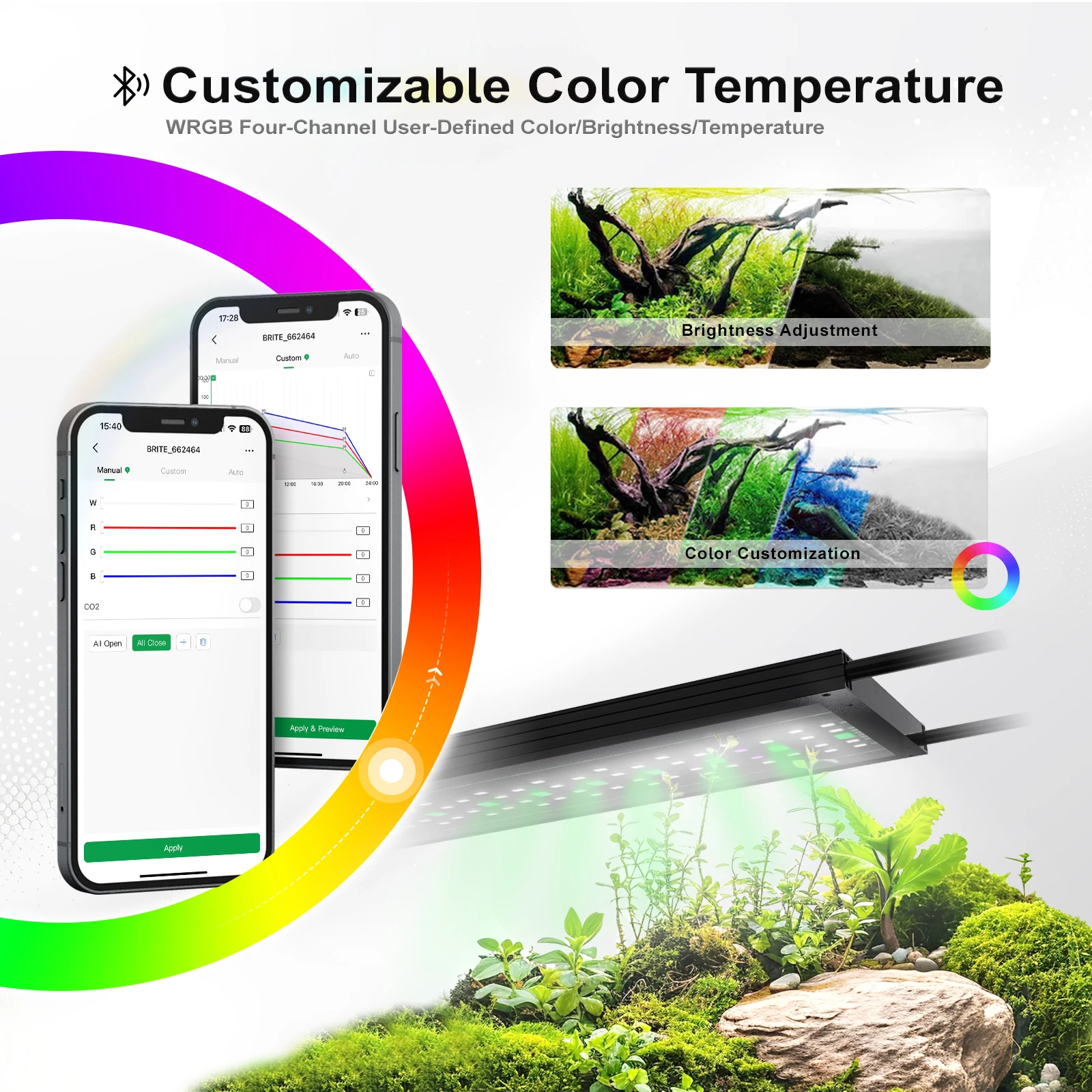 Brite Series Auto Aquarium LED Light with AppControlled RGB+W LEDs Custom SunriseSunset Colors in ManualAutoCustom Modes 5 | PricZone Brite Series Auto Aquarium LED Light with App Controlled RGB+W LEDs Custom SunriseSunset Colors in ManualAutoCustom Modes 5 | PricZone