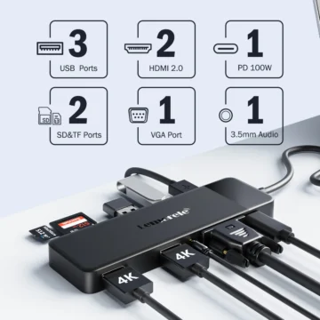 Lemorele USB-C Hub 10Ports Docking Station USB Type C to Dual HDMI 4K 30Hz VGA USB 3.0 Adapter PD100W SD Card Reader for MacBook 2