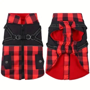 Plaid Winter Dog Jacket with Harness 2