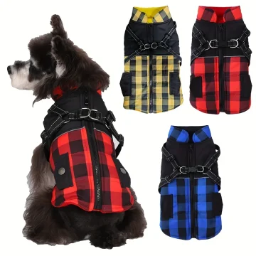 Plaid Winter Dog Jacket with Harness 1