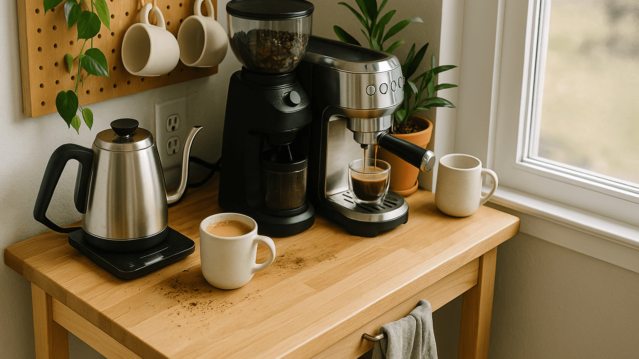 Home coffee bar setup with espresso machine burr grinder milk frother and pour over gear on a kitchen trolley | PricZone