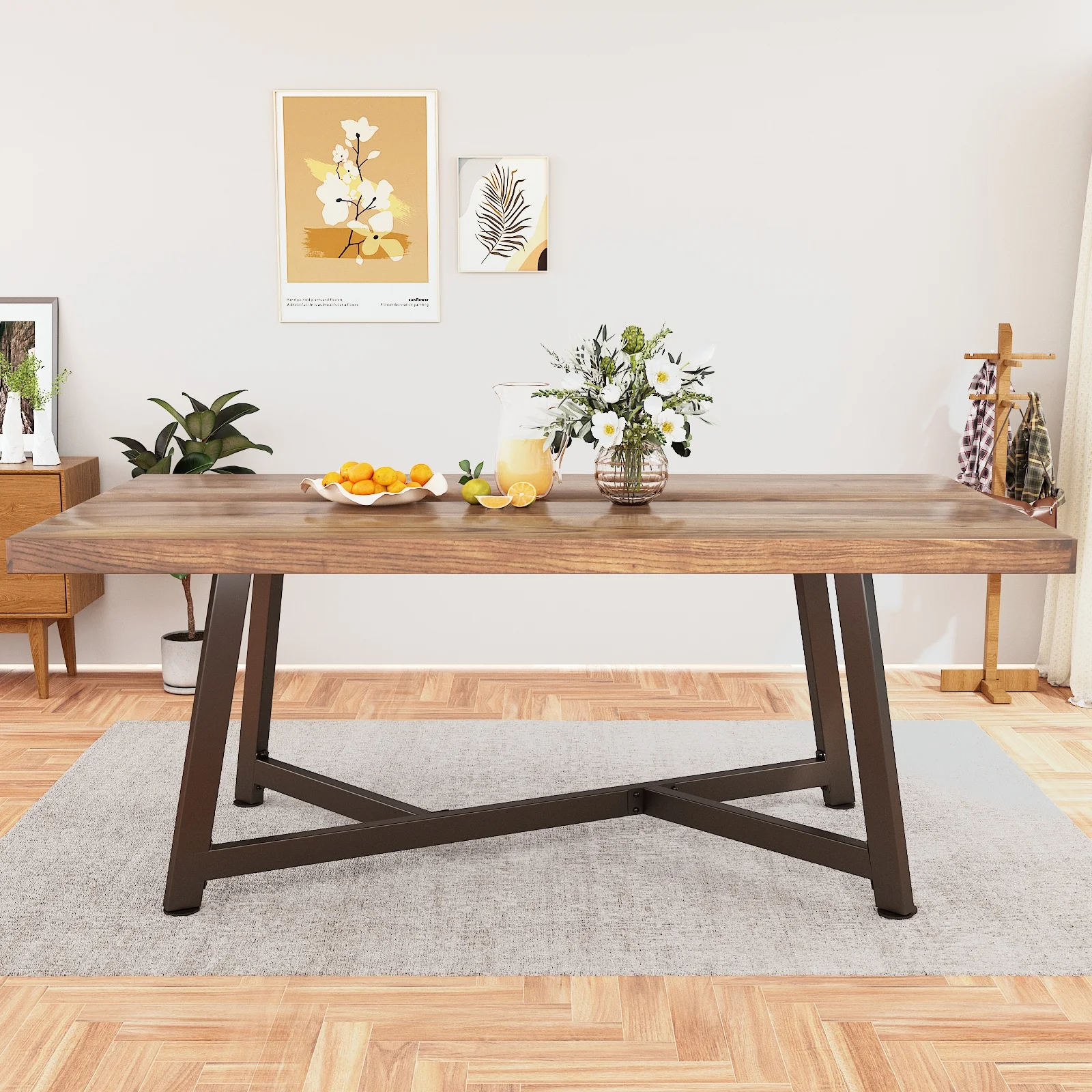Side angle of rustic industrial dining table