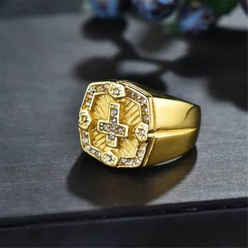 Cross Stainless Steel Rhinestone Ring Gold 2