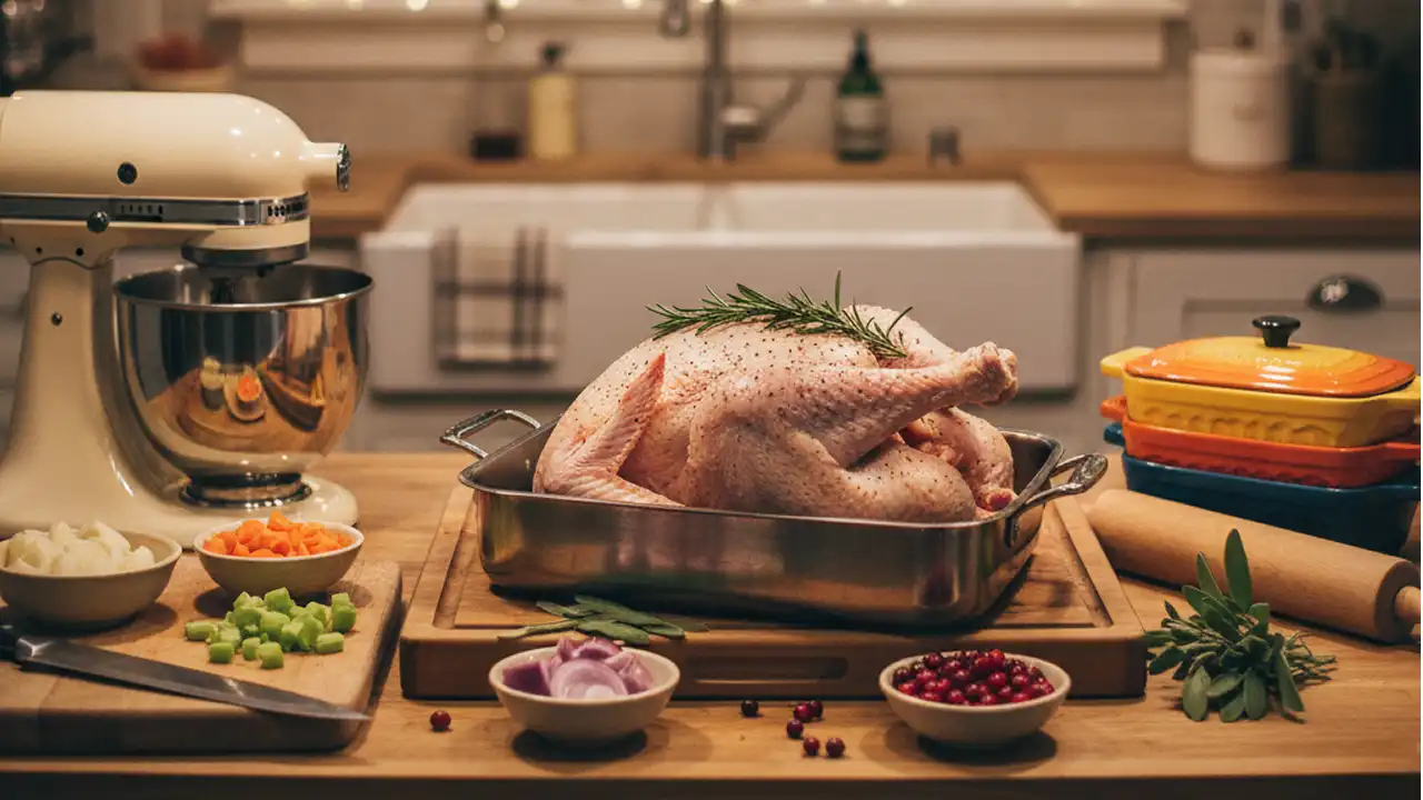 Heart Of The Feast | PricZone A clean and organized kitchen counter with Thanksgiving ingredients like a raw turkey vegetables and essential cooking tools