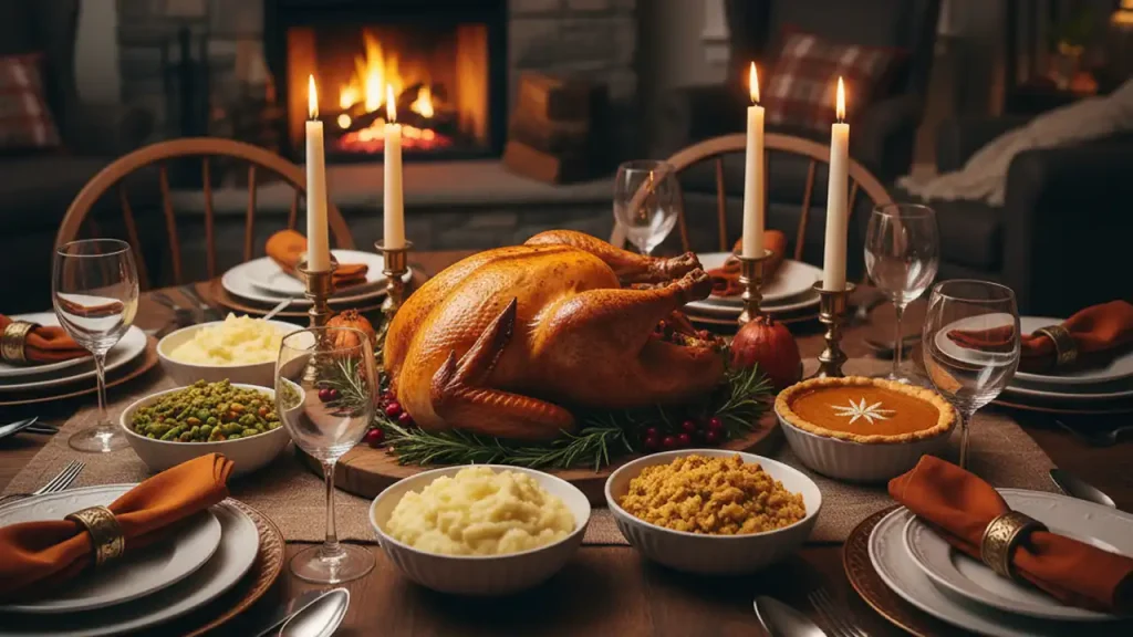 A feature image for a Thanksgiving entertaining guide, showing a festive Thanksgiving table setting, cozy holiday home decor, and Thanksgiving kitchen essentials ready for the feast.