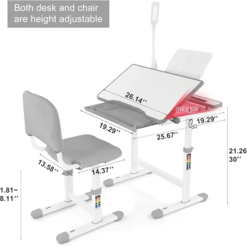 Kids Study Desk Chair Set LED Lamp Adjustable 2
