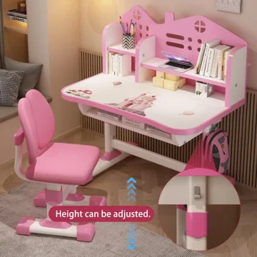 Kids Study Desk Chair Set Height Adjustable Pink 1