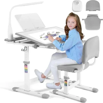 Kids Study Desk Chair Set LED Lamp Adjustable 1